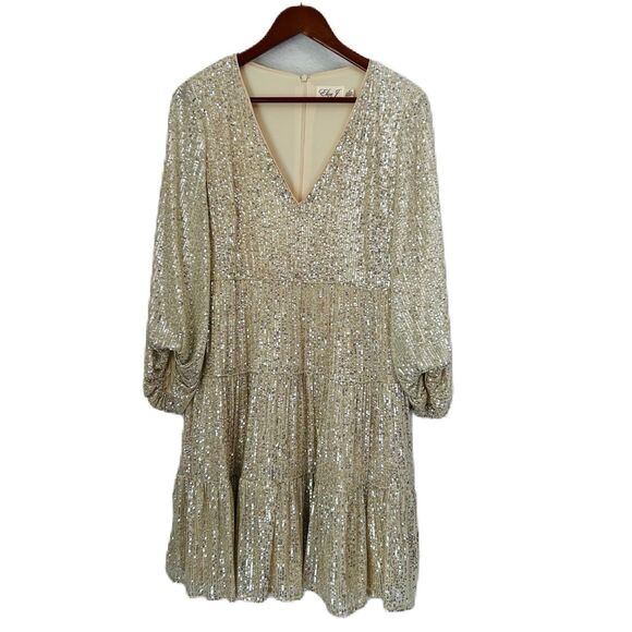 Eliza J Dress Women 10 Cream Gold Sequin Lined Cocktail Party Boho Sparkly NWT - Picture 1 of 16